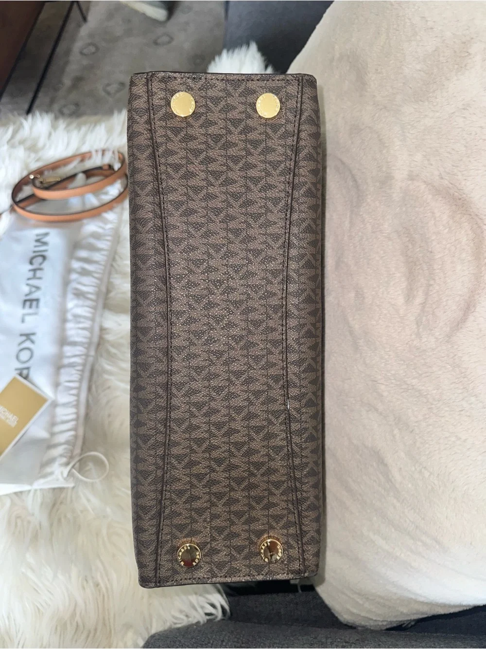 Michael Kors Brown & Tan Logo-Print Satchel with Gold Hardware